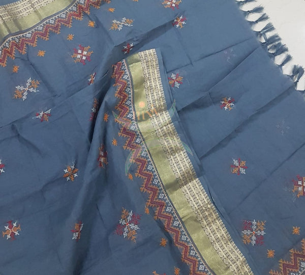 Grey kota cotton dupatta with machine kasuti embroidery.