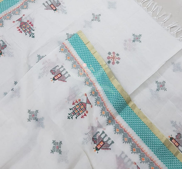 Off white chequared kota cotton dupatta with machine kasuti embroidery.
