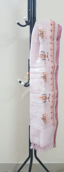 Off white kota cotton dupatta with machine kasuti embroidery.