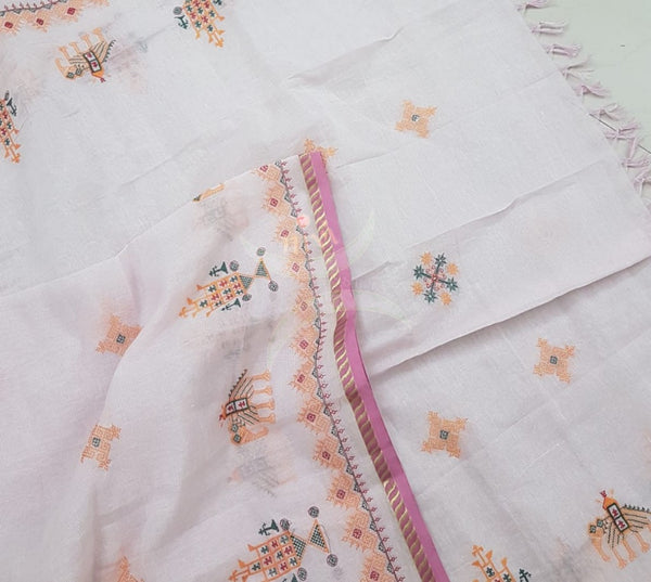 Off white kota cotton dupatta with machine kasuti embroidery.