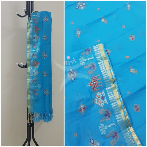 Blue kota cotton dupatta with machine kasuti embroidery.