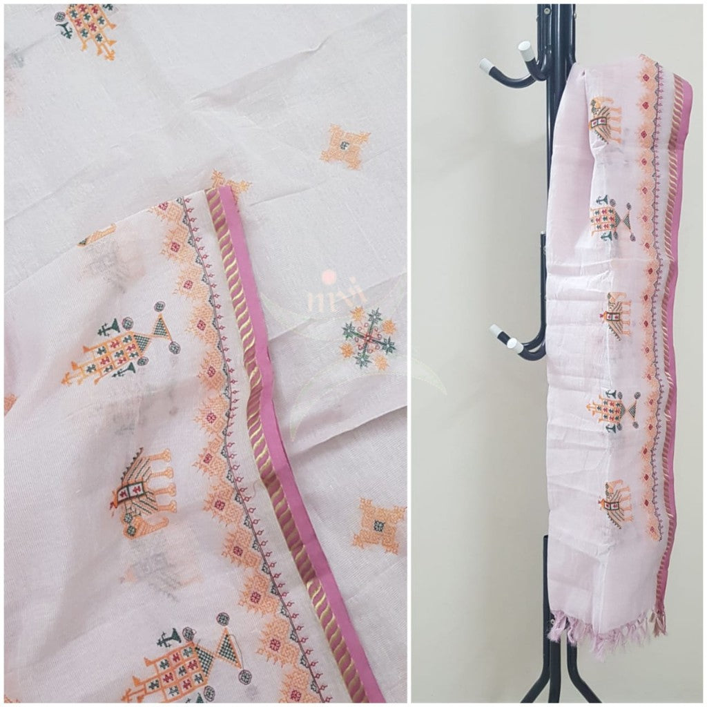 Off white kota cotton dupatta with machine kasuti embroidery.