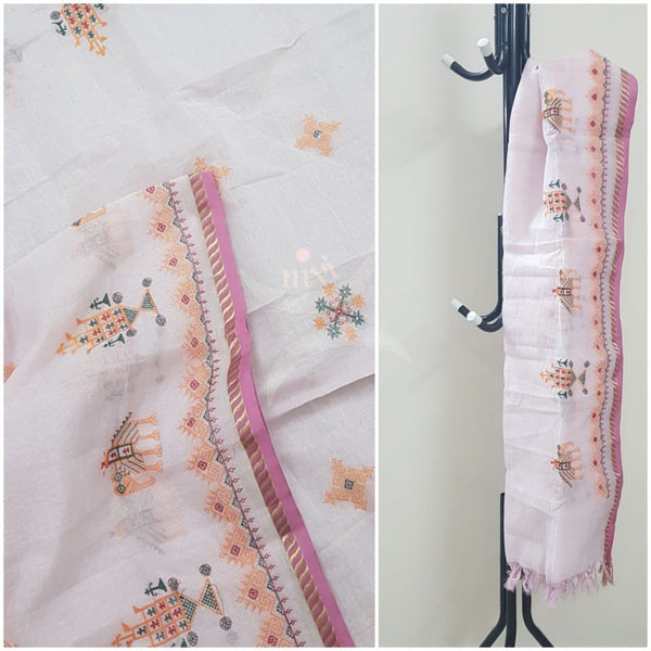 Off white kota cotton dupatta with machine kasuti embroidery.