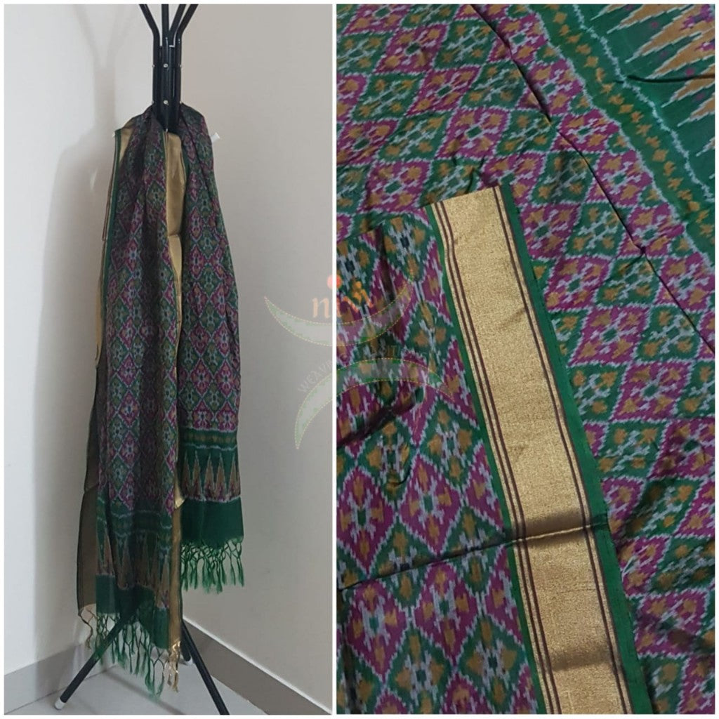 Handloom green and pink silk cotton pochampalli ikat dupatta