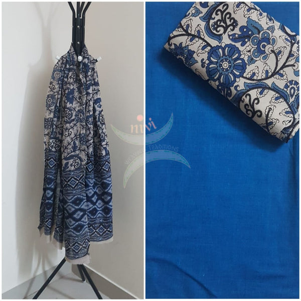 Royal blue handloom mangalgiri top and kalamkari printed bottom and dupatta