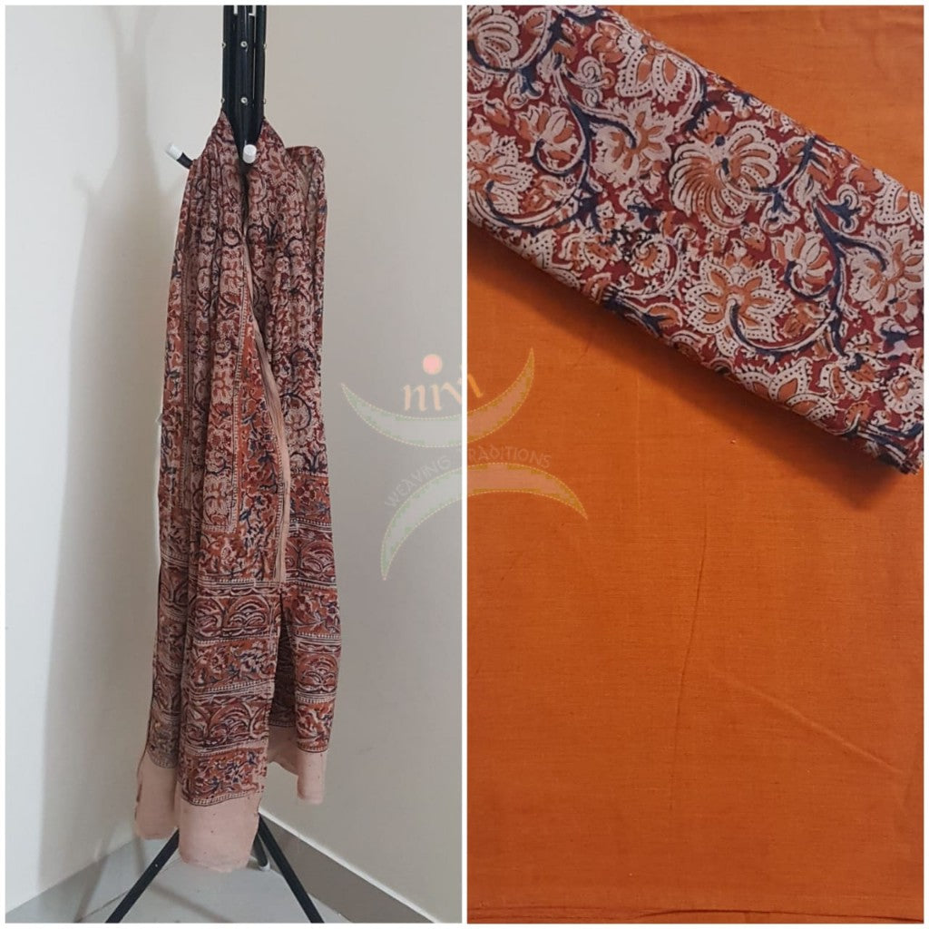 Orange handloom mangalgiri top and kalamkari printed bottom and dupatta