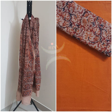 Orange handloom mangalgiri top and kalamkari printed bottom and dupatta