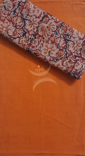 Orange handloom mangalgiri top and kalamkari printed bottom and dupatta