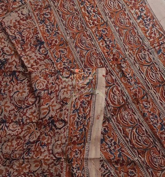 Orange handloom mangalgiri top and kalamkari printed bottom and dupatta