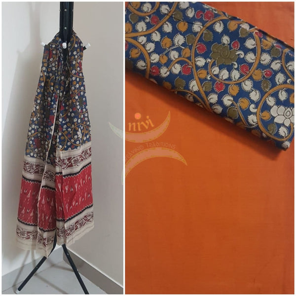 Orange handloom mangalgiri top and kalamkari printed bottom and dupatta