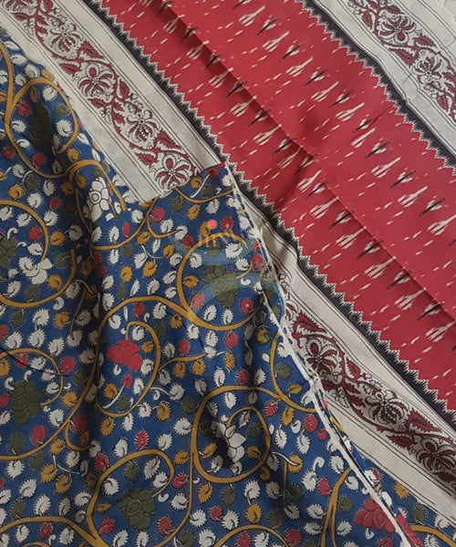 Orange handloom mangalgiri top and kalamkari printed bottom and dupatta