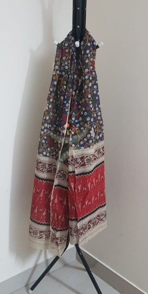 Orange handloom mangalgiri top and kalamkari printed bottom and dupatta
