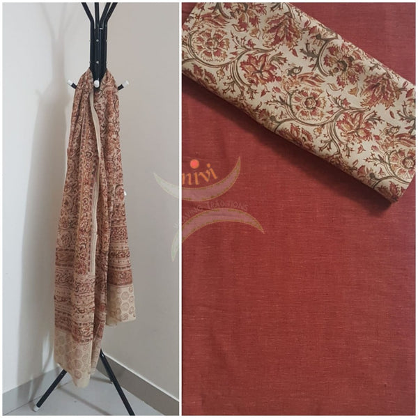 Brown handloom mangalgiri top and kalamkari printed bottom and dupatta