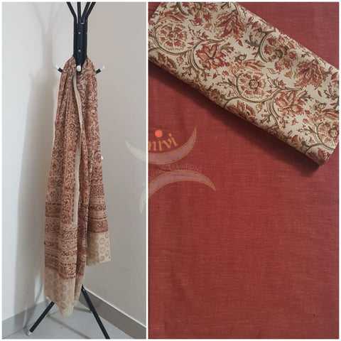 Brown handloom mangalgiri top and kalamkari printed bottom and dupatta