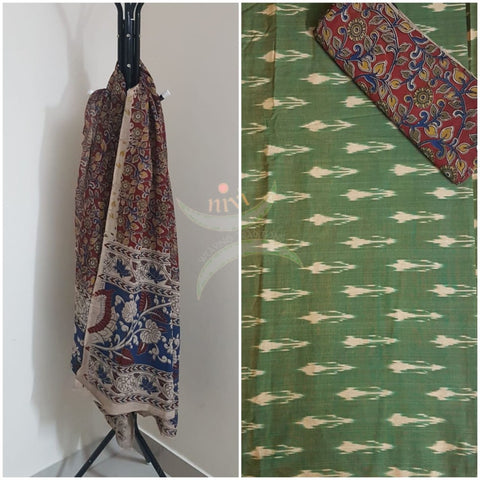 Handloom kalamkari dupatta bottom and handloom ikat top material. 3 piece set 
