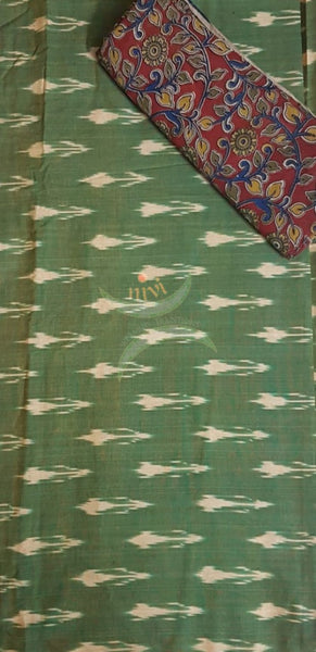 Handloom kalamkari dupatta bottom and handloom ikat top material. 3 piece set 