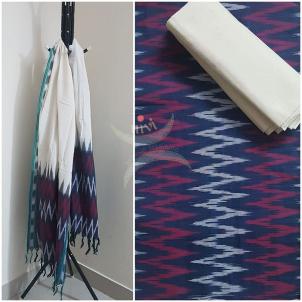 White and blue combination handloom pochampalli ikat 3 piece suit set.