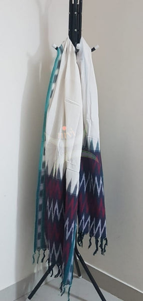 White and blue combination handloom pochampalli ikat 3 piece suit set.