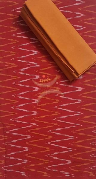Red and mustard combination handloom pochampalli ikat 3 piece suit set.
