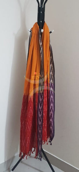 Red and mustard combination handloom pochampalli ikat 3 piece suit set.