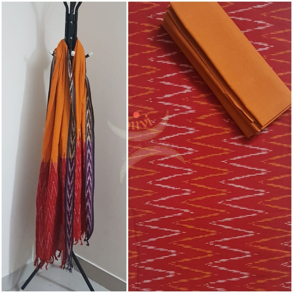 Red and mustard combination handloom pochampalli ikat 3 piece suit set.