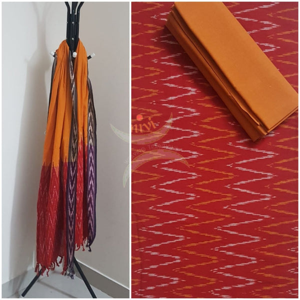 Red and mustard combination handloom pochampalli ikat 3 piece suit set.
