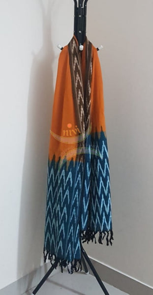 Teal and mustard combination handloom pochampalli ikat 3 piece suit set.