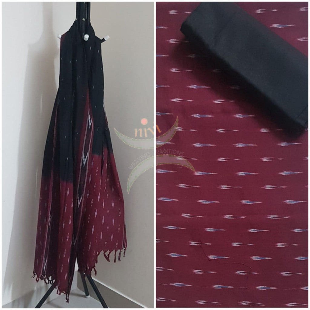 Black and maroon combination handloom pochampalli ikat 3 piece suit set.