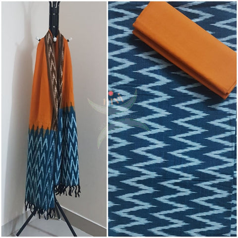 Teal and mustard combination handloom pochampalli ikat 3 piece suit set.