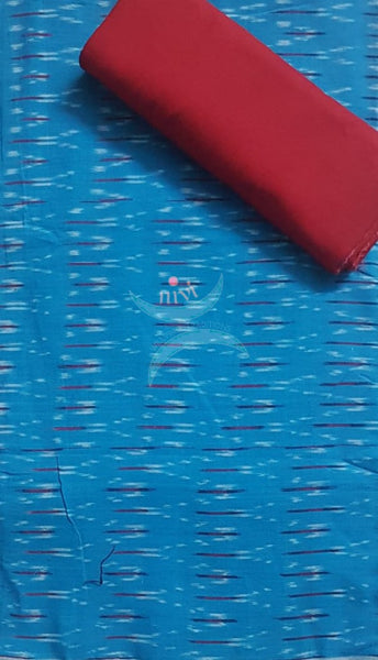 Red and blue combination handloom pochampalli ikat 3 piece suit set.