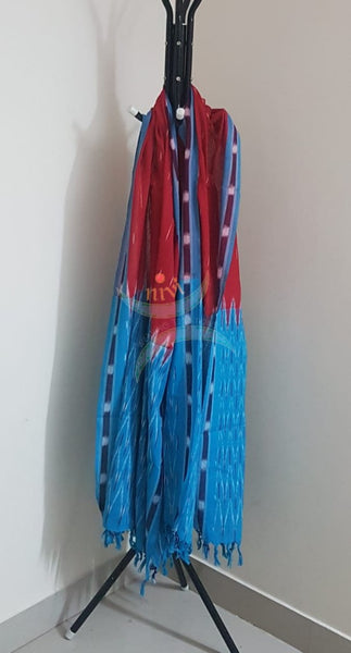 Red and blue combination handloom pochampalli ikat 3 piece suit set.