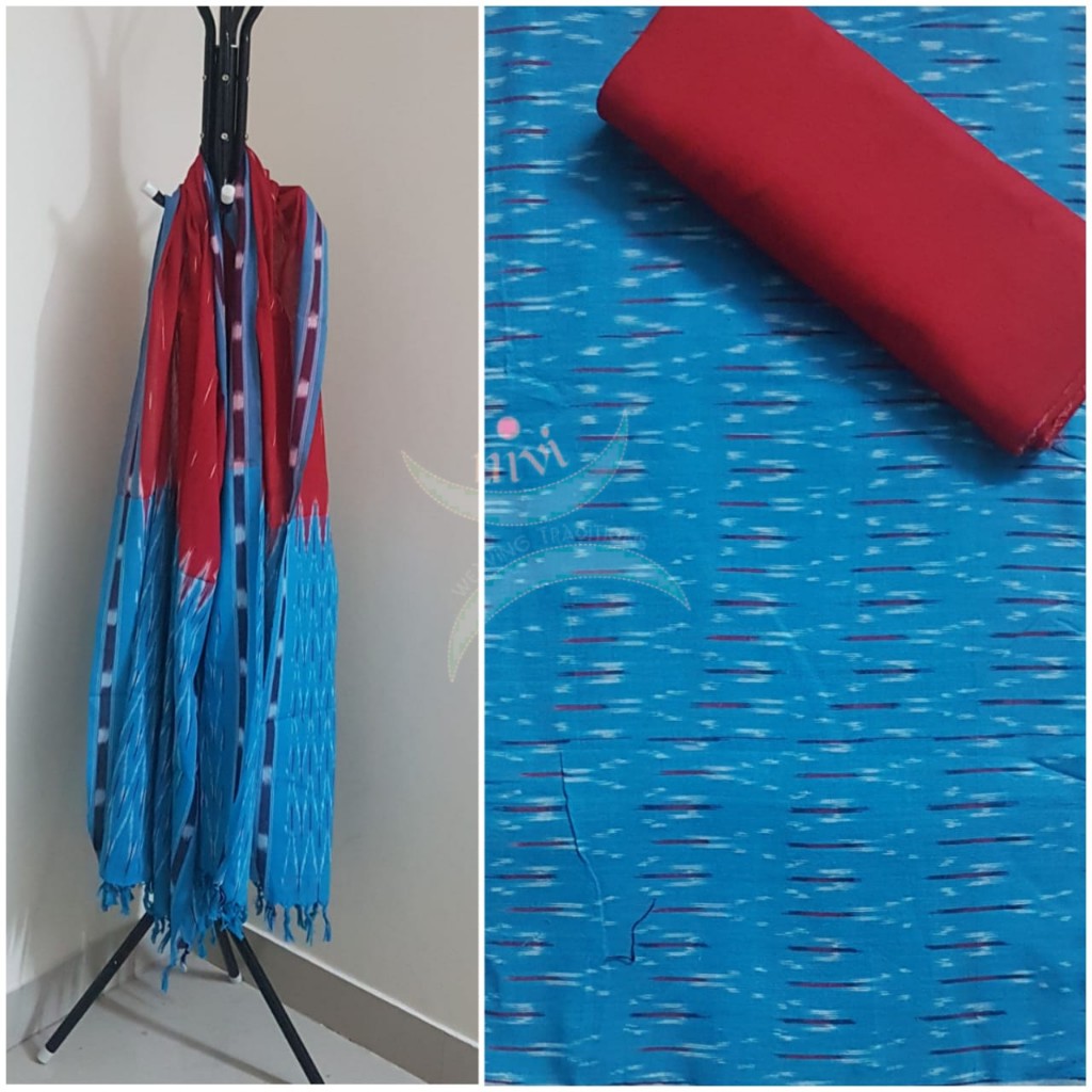 Red and blue combination handloom pochampalli ikat 3 piece suit set.