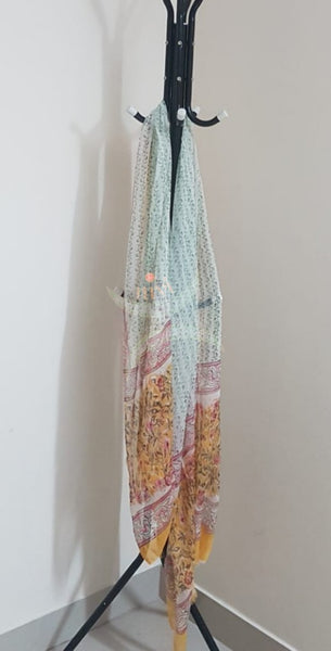 Handloom Mustard  hand block printed dress material with floral motif. Dress comes with block printed chiffon dupatta.