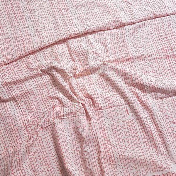 Handloom off white with pink  hand block printed dress material with floral motif. Dress comes with block printed chiffon dupatta.