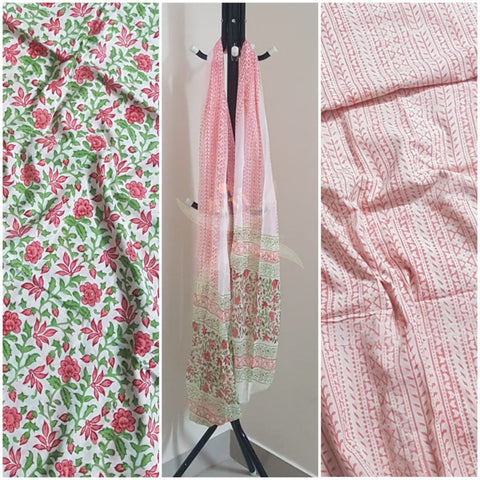 Handloom off white with pink  hand block printed dress material with floral motif. Dress comes with block printed chiffon dupatta.