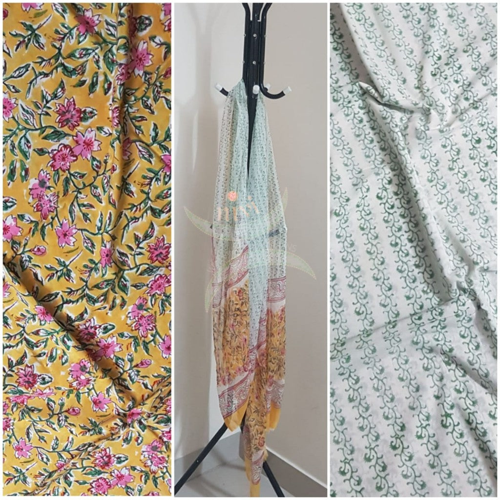 Handloom Mustard  hand block printed dress material with floral motif. Dress comes with block printed chiffon dupatta.