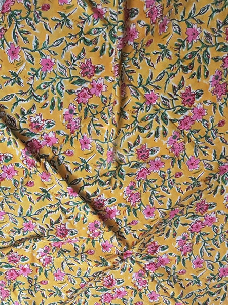 Handloom Mustard  hand block printed dress material with floral motif. Dress comes with block printed chiffon dupatta.