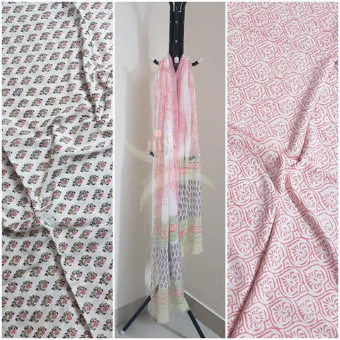 Handloom off white with pink  hand block printed dress material with floral motif. Dress comes with block printed chiffon dupatta.