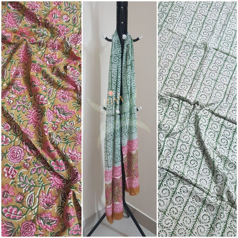 Handloom pink with green hand block printed dress material with floral motif. Dress comes with block printed chiffon dupatta.