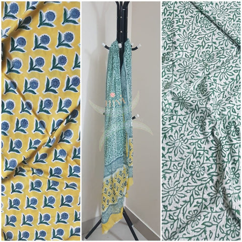 Handloom yellow  hand block printed dress material with floral motif. Dress comes with block printed chiffon dupatta.