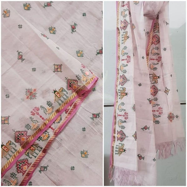 Light pink kota cotton machine embroidered kasuti dupatta
