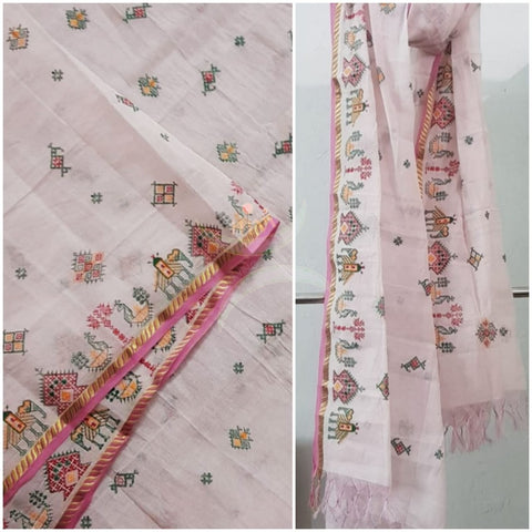 Light pink kota cotton machine embroidered kasuti dupatta