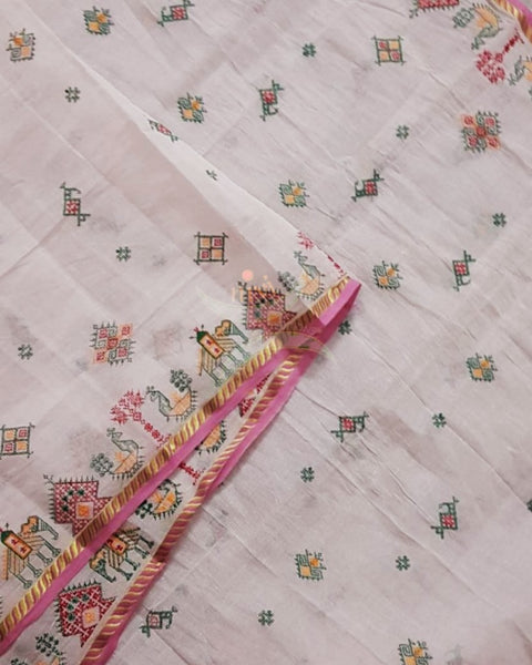 Light pink kota cotton machine embroidered kasuti dupatta