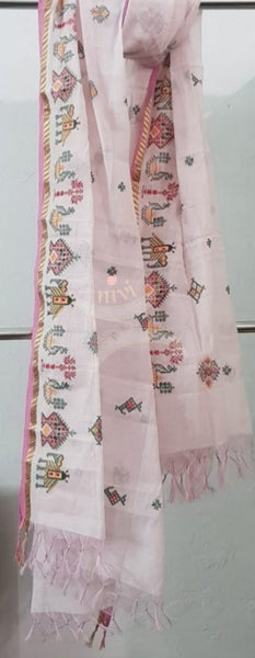 Light pink kota cotton machine embroidered kasuti dupatta