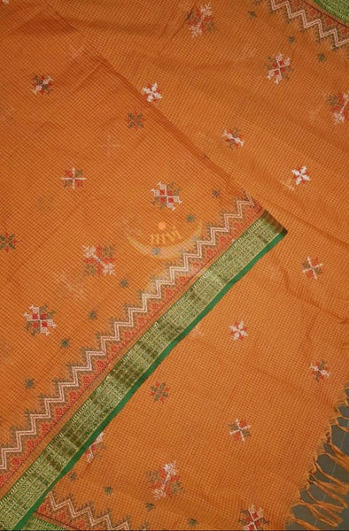 Orange chequered kota cotton machine embroidered kasuti dupatta