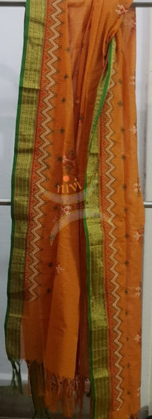 Orange chequered kota cotton machine embroidered kasuti dupatta