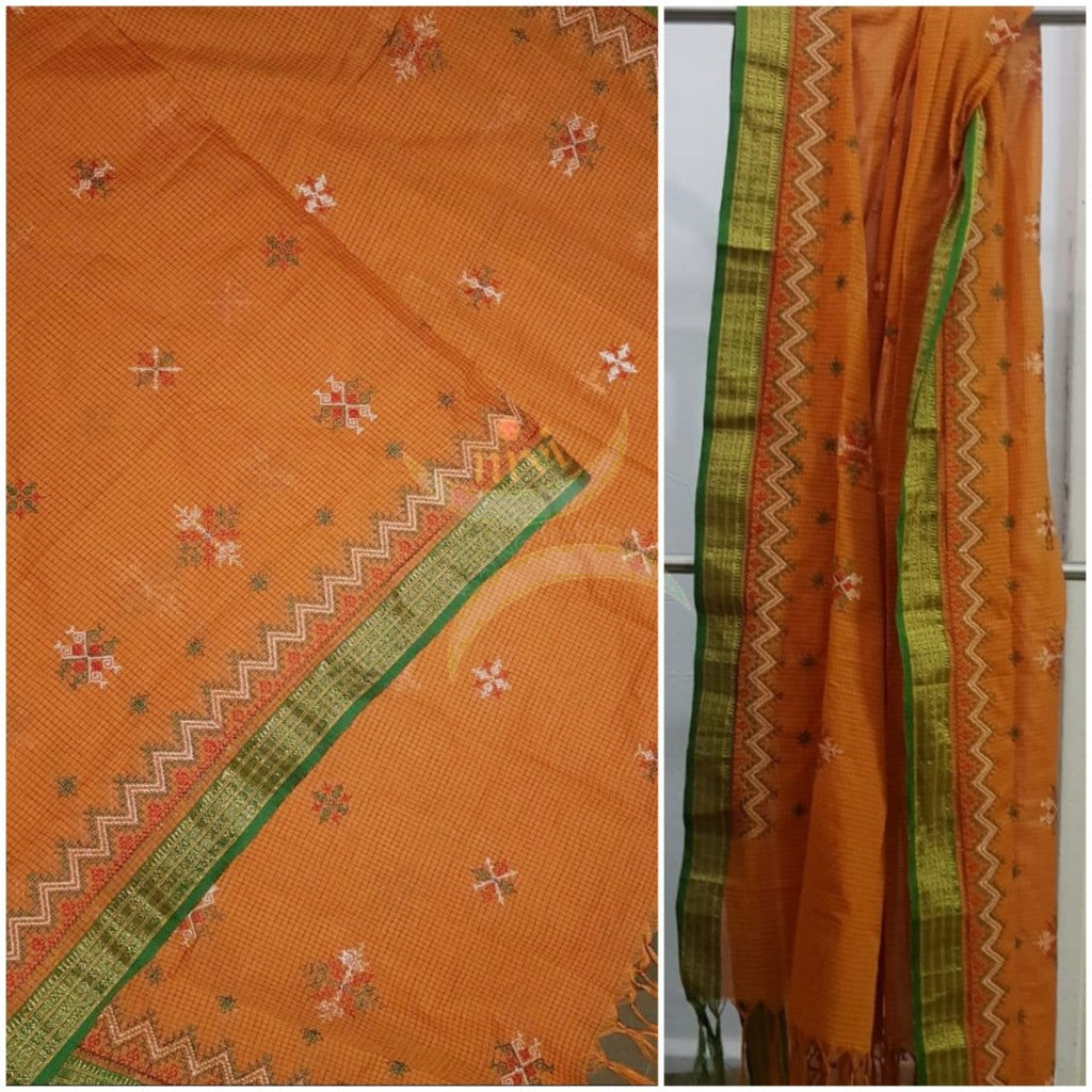 Orange chequered kota cotton machine embroidered kasuti dupatta