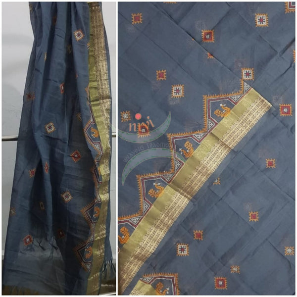 Grey kota cotton machine embroidered kasuti dupatta