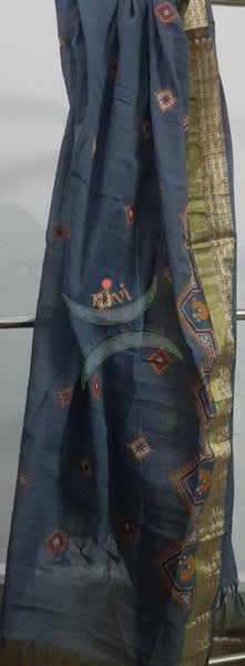 Grey kota cotton machine embroidered kasuti dupatta
