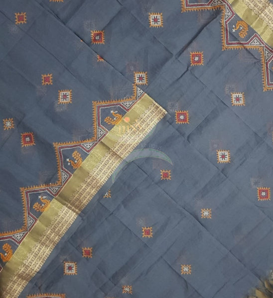 Grey kota cotton machine embroidered kasuti dupatta